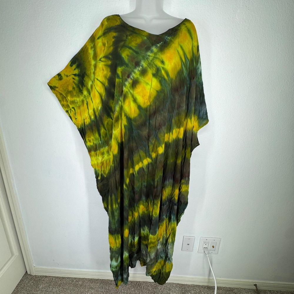 Dharma Trading Co Womens Tie Dye Kaftan Dress Green Yellow Rayon Indie Granola